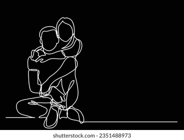 happy couple sitting embracing - continuous line drawing