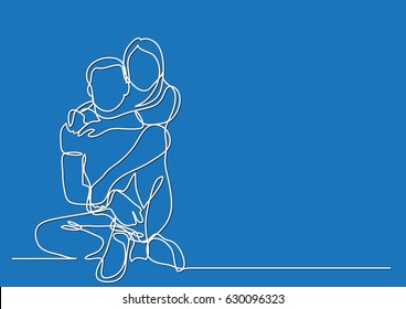 happy couple sitting embracing - continuous line drawing