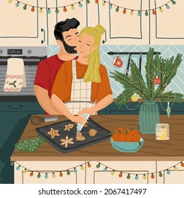 Happy couple sitting and hugging each other. Holiday vector illustration. Romantic couple relaxing and enjoying Christmas mood at home. Man and woman cooking together