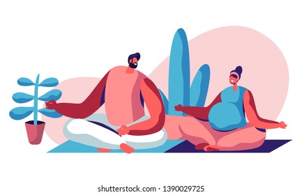 Happy Couple Sitting in Lotus Pose in Gym. Man and Pregnant Woman Visiting Parenting Classes, Yoga Relaxation. Young People Awaiting Baby, Sports Exercise, Pregnancy. Cartoon Flat Vector Illustration