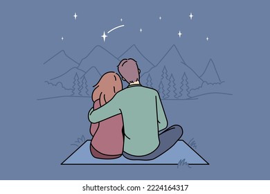 Happy couple sitting in mountains enjoying relaxing weekend together  Man   woman hug in wild nature outdoors  Vector illustration  