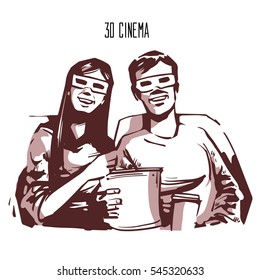 Happy couple sitting in movie theater, watching 3D movie, eating popcorn, smiling, sketch style vector illustration