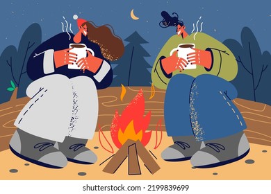 Happy couple sitting near campfire in forest at night drinking hot tea  Smiling man   woman relax together near fire in wood  Vector illustration  