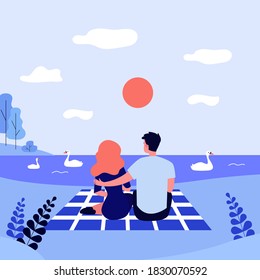 Happy couple sitting near lake on sunset. Water, date, swan flat vector illustration. Relationship and love concept for banner, website design or landing web page