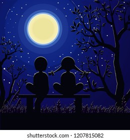 Happy couple sitting on a bench, love, hugs, cartoon characters, romantic date, night, moon, stars