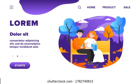 Happy couple sitting on bench in park. Date, love, book flat vector illustration. Relationship and family concept for banner, website design or landing web page