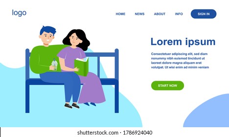 Happy couple sitting on bench in park. Date, love, book flat vector illustration. Relationship and family concept for banner, website design or landing web page
