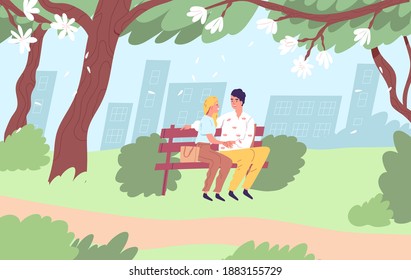 Happy couple sitting on bench in city park during romantic date in spring. Young man and woman holding hands spending time outdoor together. Two lovers hugging and talking. Flat vector illustration