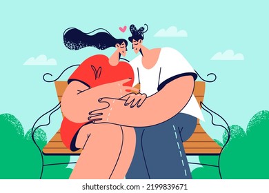 Happy couple sitting on bench hugging. Smiling man and woman enjoy date outdoors in park embracing and cuddling. Vector illustration. 