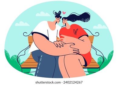 Happy couple sitting on bench hugging. Smiling man and woman enjoy date outdoors in park embracing and cuddling. Vector illustration.