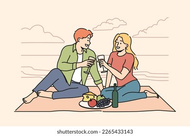 Happy couple sitting on blanket on seashore enjoying romantic date together. Smiling man and woman relax having romance on beach. Love and relationships. Vector illustration. 