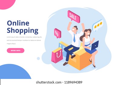 Happy couple sitting on box among colorful shopping bags and making online shopping. Big Sale. Flat isometric vector illustration isolated on white.