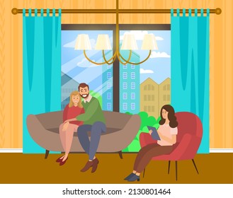 Happy couple sitting on couch and hugging. Doctor gives advice on family psychology. People on consultation with psychologist. Woman psychotherapist helps husband and wife with relationships