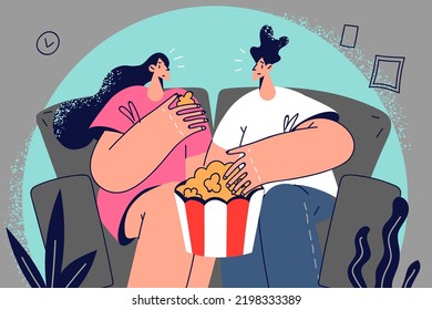 Happy couple sitting couch eating popcorn watching movie together  Smiling man   woman relaxing sofa enjoying cinema  Vector illustration  
