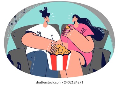 Happy couple sitting on couch eating popcorn watching movie together. Smiling man and woman relaxing on sofa enjoying cinema. Vector illustration.
