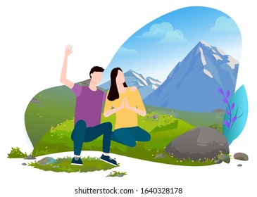 Happy couple sitting on grassy hill with mountains on background. Man waving hand . Woman enjoying beauty of nature and meditating view vector illustration