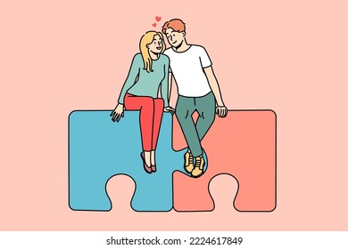 Happy couple sitting on jigsaw puzzles hugging. Smiling man and woman embrace find love together. Relationship and affection. Vector illustration. 