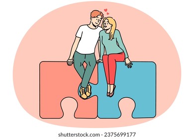 Happy couple sitting on jigsaw puzzles hugging. Smiling man and woman embrace find love together. Relationship and affection. Vector illustration.