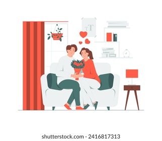 Happy couple sitting on sofa, man giving bouquet of flowers to woman on valentines day, making marriage proposal, fall in love concept illustration