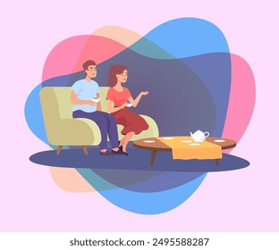 Happy couple sitting on sofa and drinking tea in living room. Man and woman spending evening together at home flat vector illustration. Communication, love, romance, weekend, home concept