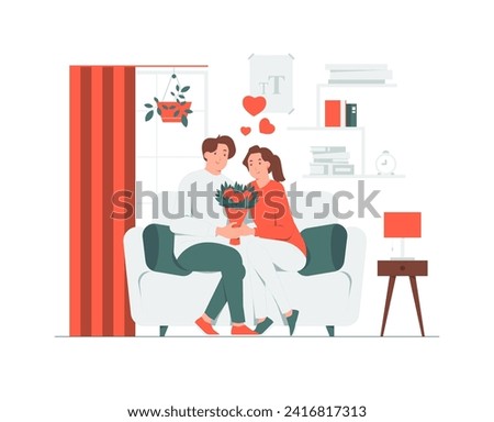 Happy couple sitting on sofa, man giving bouquet of flowers to woman on valentines day, making marriage proposal, fall in love concept illustration