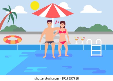 Una pareja feliz sentada en la piscina bajo el paraguas. Ilustración plana de dibujos animados