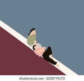 Happy Couple sitting and sleeping near the river in summer day. Vector illustration. Enjoying time together. Romantic date concept
