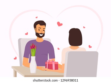 Happy couple sitting at the table in restaurant. Man gives woman a gift and flowers for Valentine s day. Happy couple in love on Valentine s day. Vector illustration in flat style.