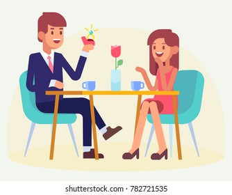 Happy Couple sitting at the table in restaurant. Man making proposal of marriage. Happy valentines day.  Couple in love. Cartoon Flat Vector illustration.