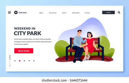Happy couple sitting together on bench in green park. Vector flat cartoon illustration. Calm family weekend, relationship, lifestyle, outdoor leisure concept. Young man and woman characters.