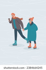 Happy couple skating together. seasonal outdoor activities. flat vector illustration