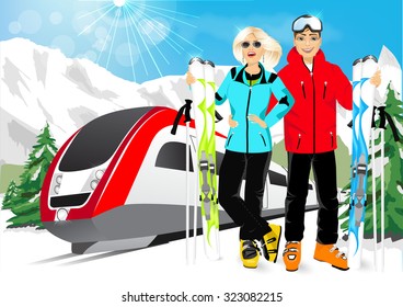 happy couple skiers enjoy their winter vacation in mountain resort wearing ski suits, standing with mountain skis against high speed train and happy smiling