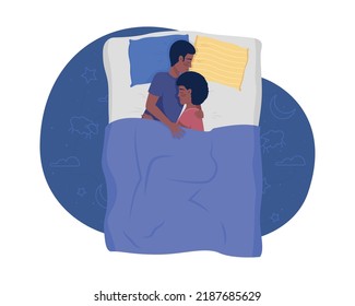 Happy couple sleeping in bed 2D vector isolated illustration. Loving family flat characters on cartoon background. Night rest colourful editable scene for mobile, website, presentation