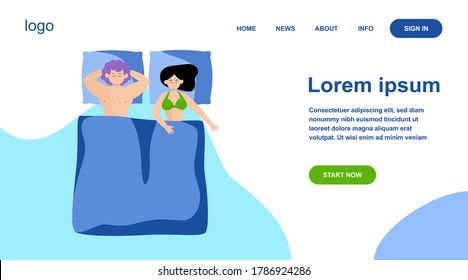 Feliz pareja durmiendo juntos. Cama, comodidad, amor la ilustración vectorial plana. Concepto de familia y relación para banner, diseño de sitio web o página web de inicio