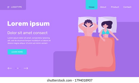 Feliz pareja durmiendo juntos. Cama, comodidad, amor la ilustración vectorial plana. Concepto de familia y relación para banner, diseño de sitio web o página web de inicio