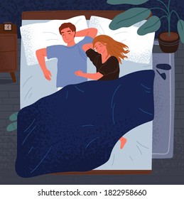 Happy couple sleeping together on bed vector flat illustration. Enamored man and woman hugging relaxing at night top view. Married pair in sleepwear lying on pillow under blanket at bedroom