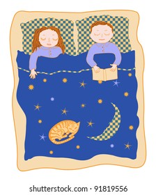 happy couple sleeps  in the bed with book and cat