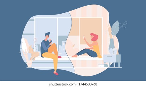 Happy couple with smartphones chatting online flat cartoon illustration. Young man and woman talking via video call. Virtual dating, online relationship during quarantine vector concept.