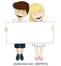 A happy couple smiling - A brown boy and a blonde girl holding a big board