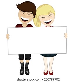 A happy couple smiling - A brown haired boy and a blonde girl holding a big board