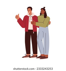 Happy couple smiling, flat vector illustration isolated on white background. Man and woman hugging, thumbs-up gesture. People in love, romantic couple dating.