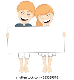 A happy couple smiling - A ginger boy and girl holding a big white board
