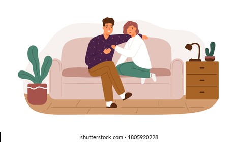 Happy couple smiling and talking sitting on couch at living room vector flat illustration. Joyful man and woman relaxing spending time together at home isolated on white. Young family enjoy weekend