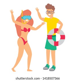 happy couple with snorkel mask lifebuoy summer time vector illustration