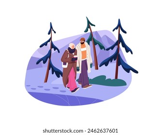 Happy couple in snow park at romantic date. Man and woman hold hands, stroll in cold weather. Family love walks with hot drinks in winter. Flat isolated vector illustration on white background