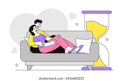 Happy couple at sofa simple. Man and woman spending time together indoors. Pair sitting at cozy and comfortable apartment near hourglass. Love, passion and romance. Doodle flat vector illustration