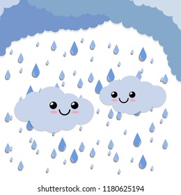 Happy couple soft cloud blue with a smile face. Rainy autumn weather. Drops are dripping down from the sky. The emotions of nature.
