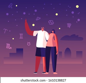 Happy Couple Spend Time Together, Man Hugging Girlfriend by Waist Pointing with Finger on Night Sky Showing Falling Star and Zodiac Constellations. Love Relations. Cartoon Flat Vector Illustration