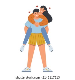 Happy couple spend time together. Beautiful woman and man in love. The concept of relationship between young people and family. Flat vector illustration.