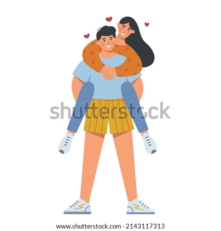 Happy couple spend time together. Beautiful woman and man in love. The concept of relationship between young people and family. Flat vector illustration.